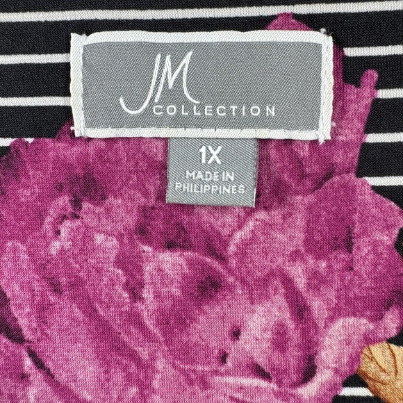 JM Collection Tunic Top Womens 1X Floral Stripe Sheer Sleeve Rhinestone V Neck - Picture 4 of 9